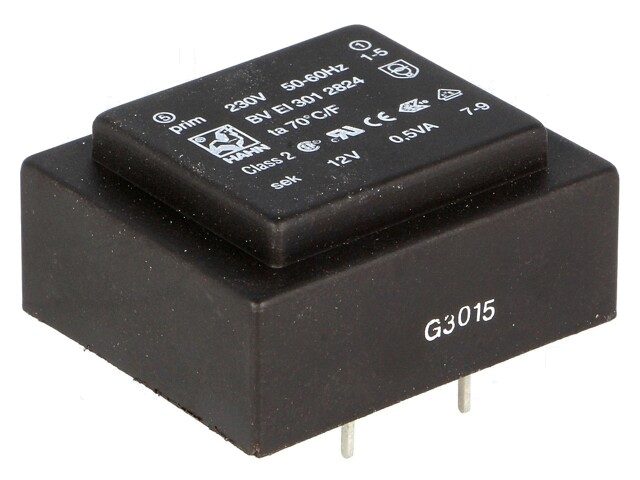 Transformator: ingegoten; 0,5VA; 230VAC; 12V; 42mA; PCB; BVEI Transformator: ingegoten; 0,5VA; 230VAC; 12V; 42mA; PCB; BVEI